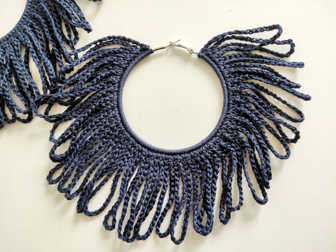 Deep blue tassels hoop earrings African statement blue fringe earrings Oversized Ankara shredered earrings for woman