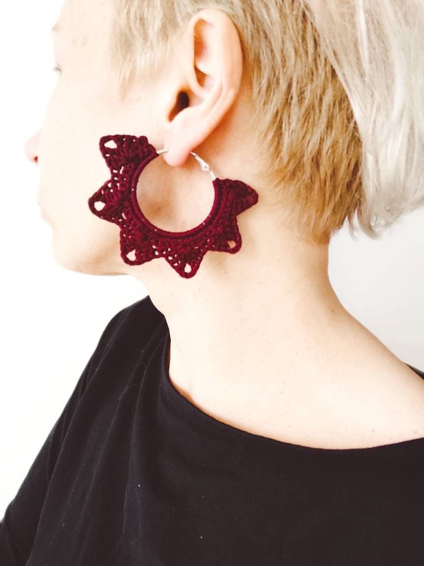 Red wine large hoop earrings Statement oversized earrings