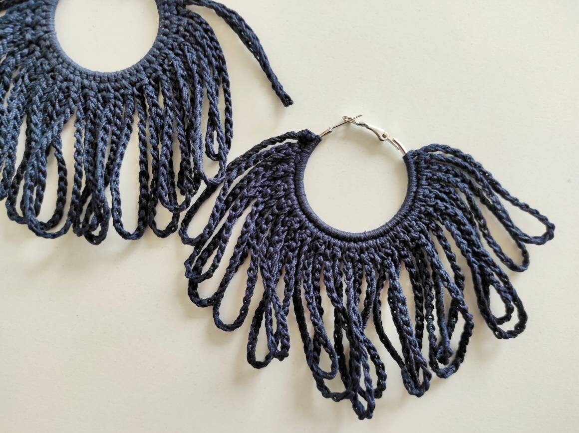 Navy blue large hoop earrings Statement boho hoop earrings Gift for her