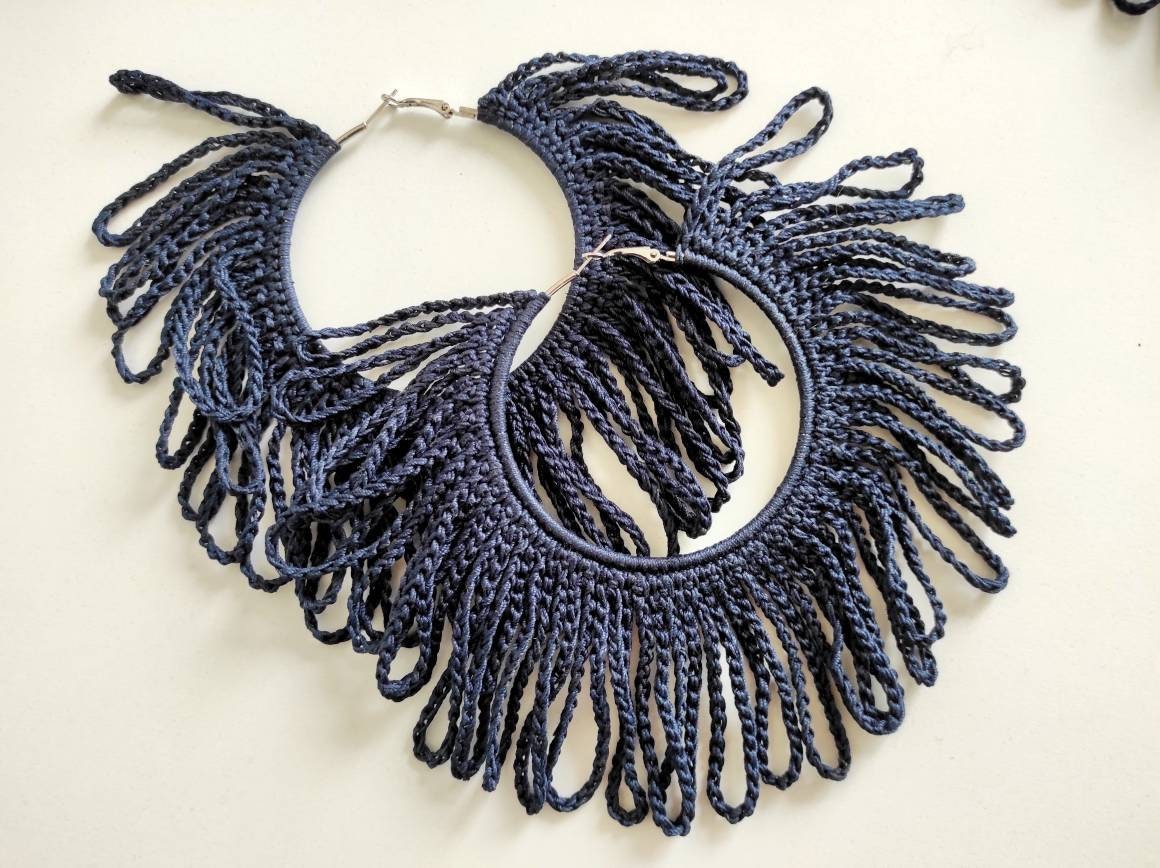 Deep blue tassels hoop earrings African statement blue fringe earrings Oversized Ankara shredered earrings for woman