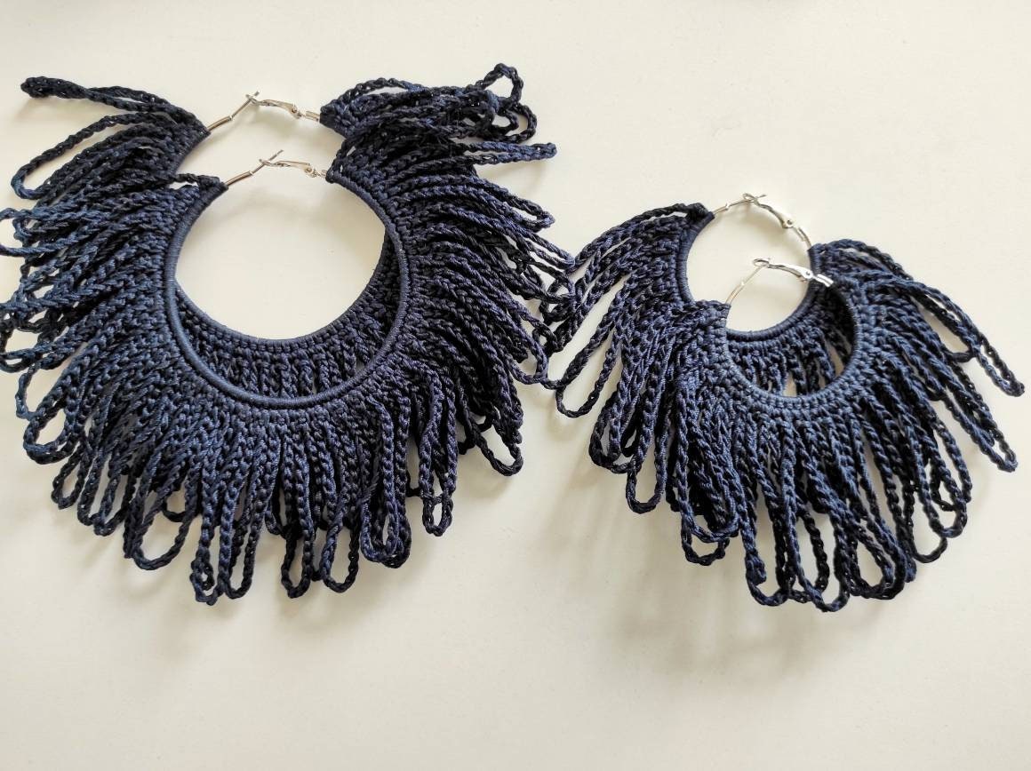 Deep blue tassels hoop earrings African statement blue fringe earrings Oversized Ankara shredered earrings for woman