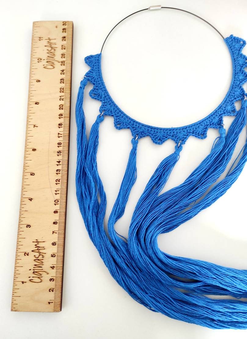 Blue tassel necklace Statement tassels boho necklace