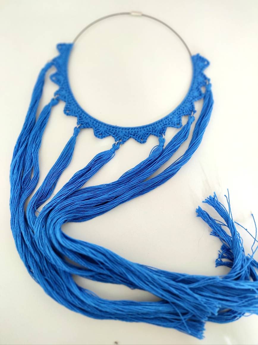 Blue tassel necklace Statement tassels boho necklace