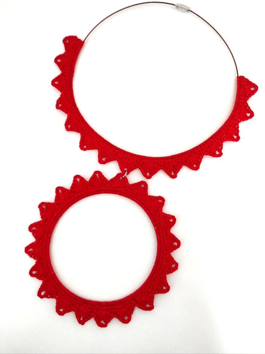 Red bib necklace Statement large circle pendant necklace