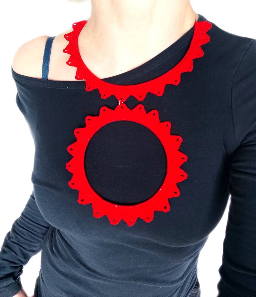 Red bib necklace Statement large circle pendant necklace