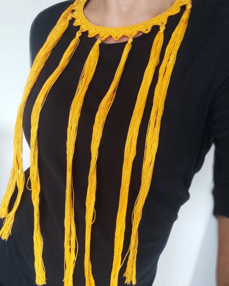 Yellow tassel necklace Statement tassels boho necklace