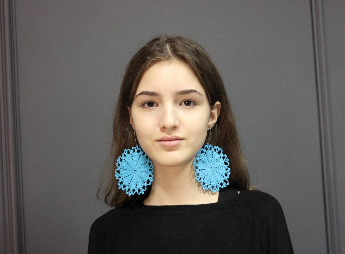 Turquoise circle large earrings Blue big round earrings Bohemian oversized dangle earrings for woman