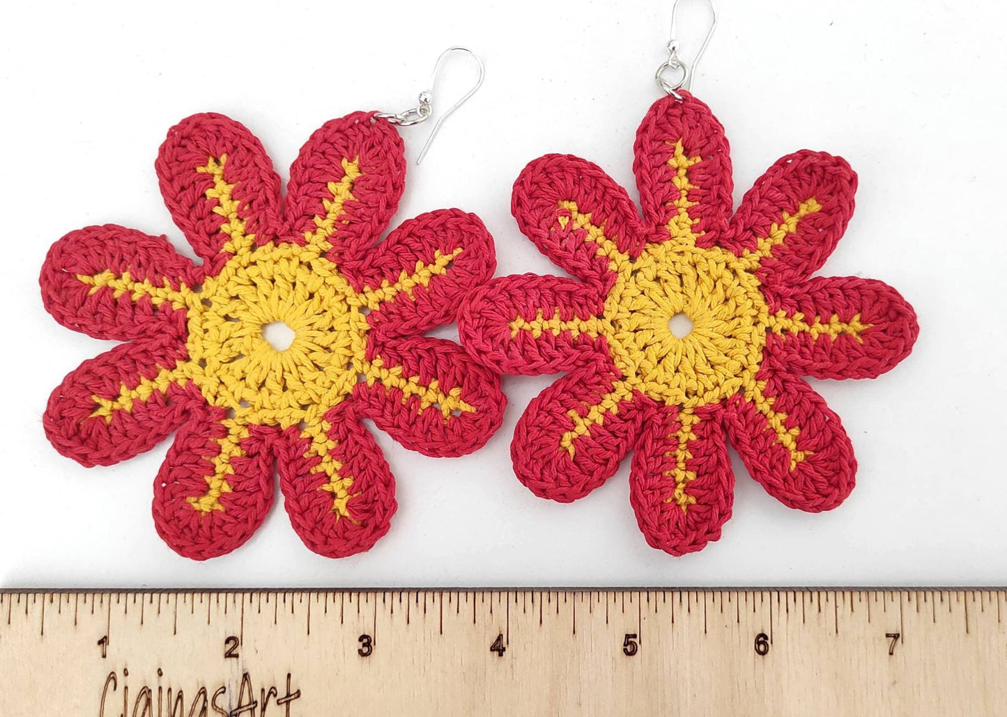 Large flowers dangle earrings Statement red yellow summer earrings