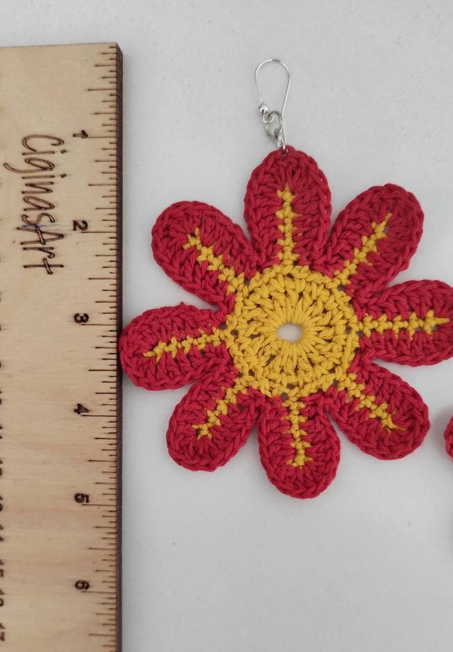 Large flowers dangle earrings Statement red yellow summer earrings