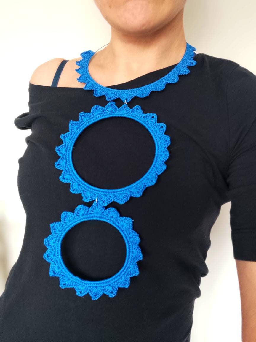 Blue bib necklace Statement large circle pendant necklace