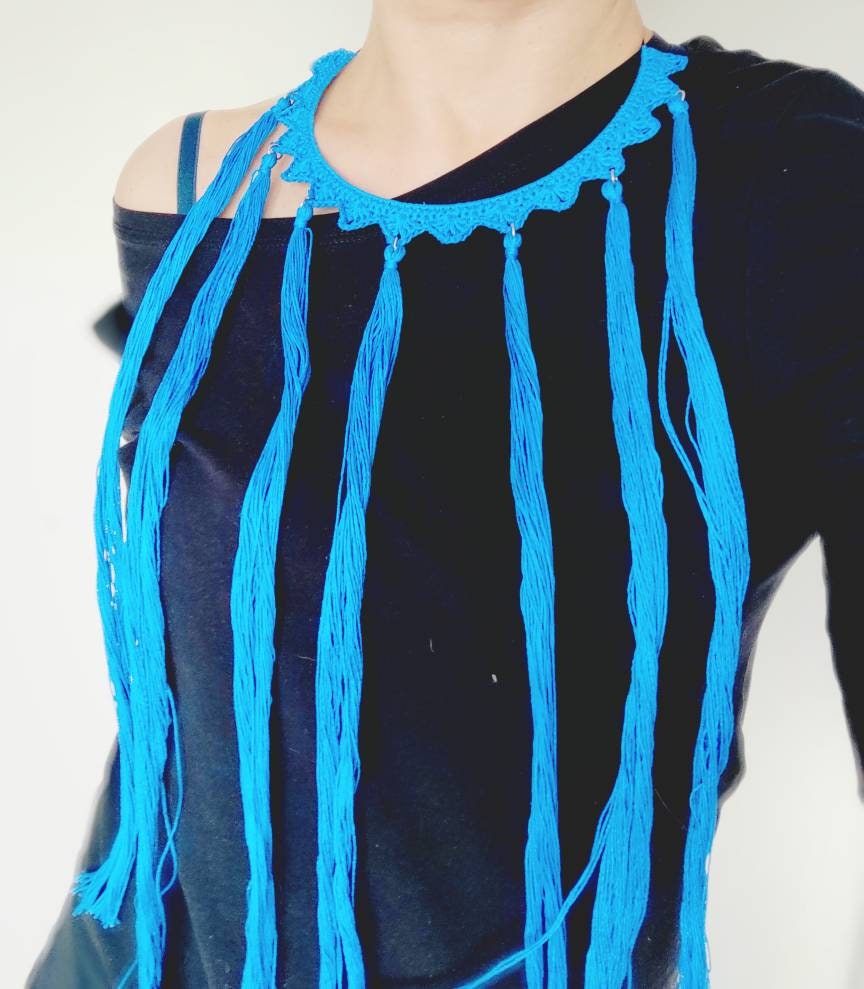 Blue tassel necklace Statement tassels boho necklace