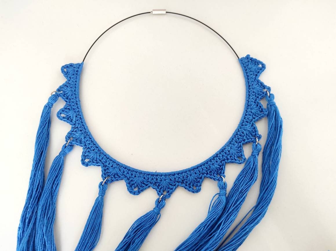 Blue tassel necklace Statement tassels boho necklace