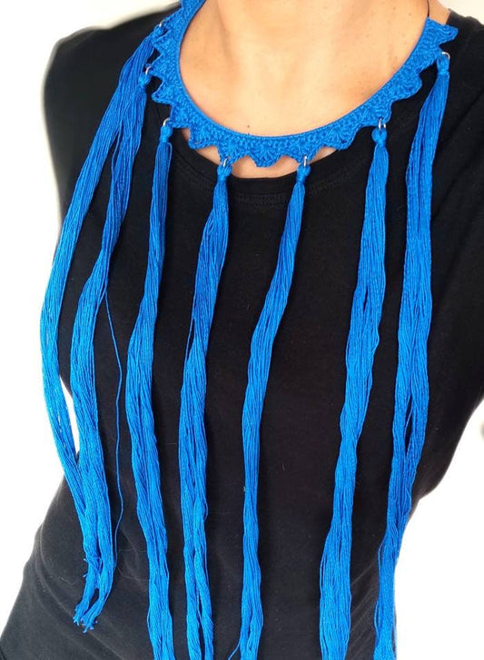 Blue tassel necklace Statement tassels boho necklace