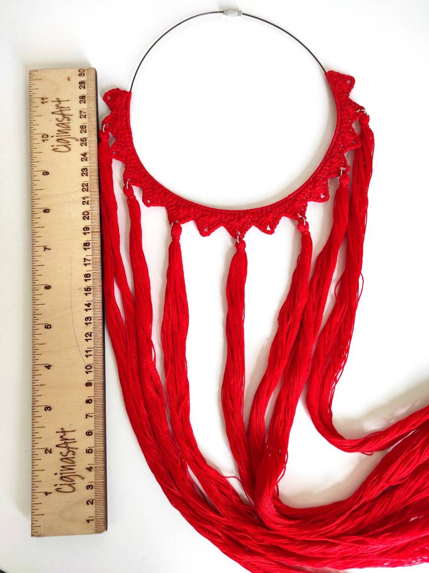 Red long tassel necklace Statement tassels boho necklace