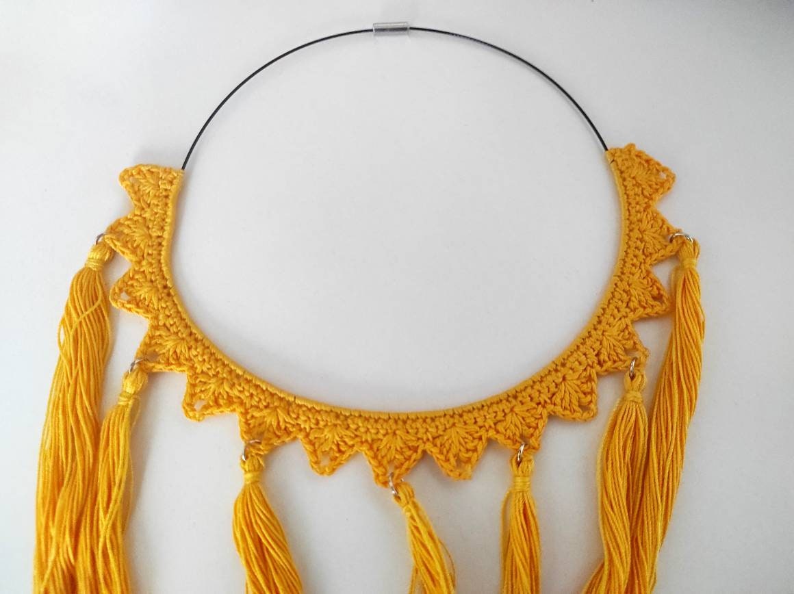 Yellow tassel necklace Statement tassels boho necklace