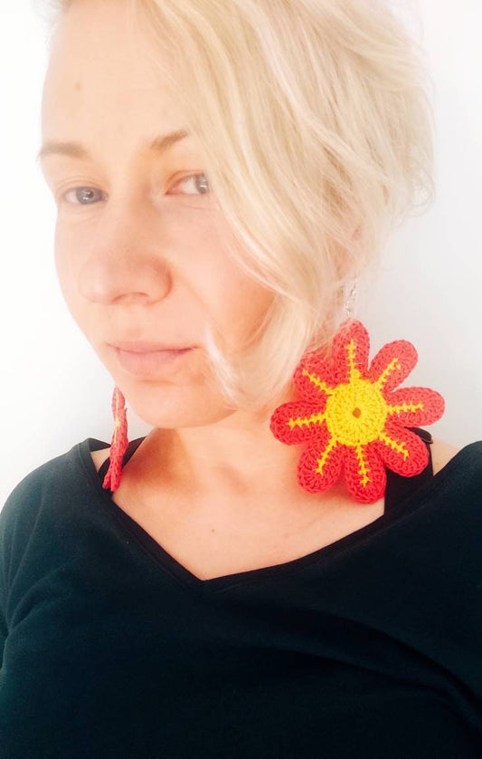 Large flowers dangle earrings Statement red yellow summer earrings