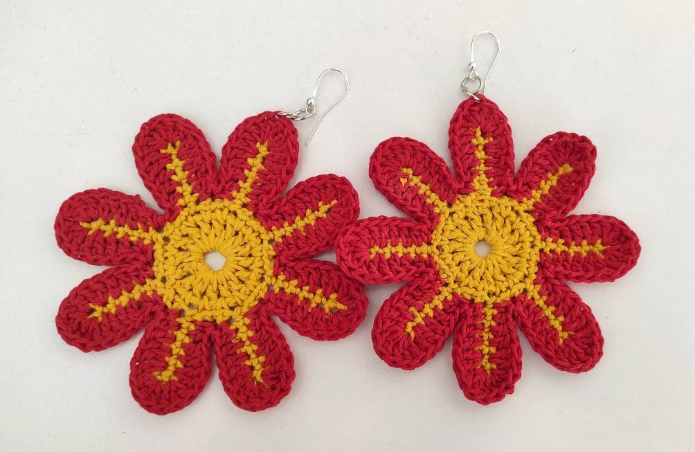 Large flowers dangle earrings Statement red yellow summer earrings