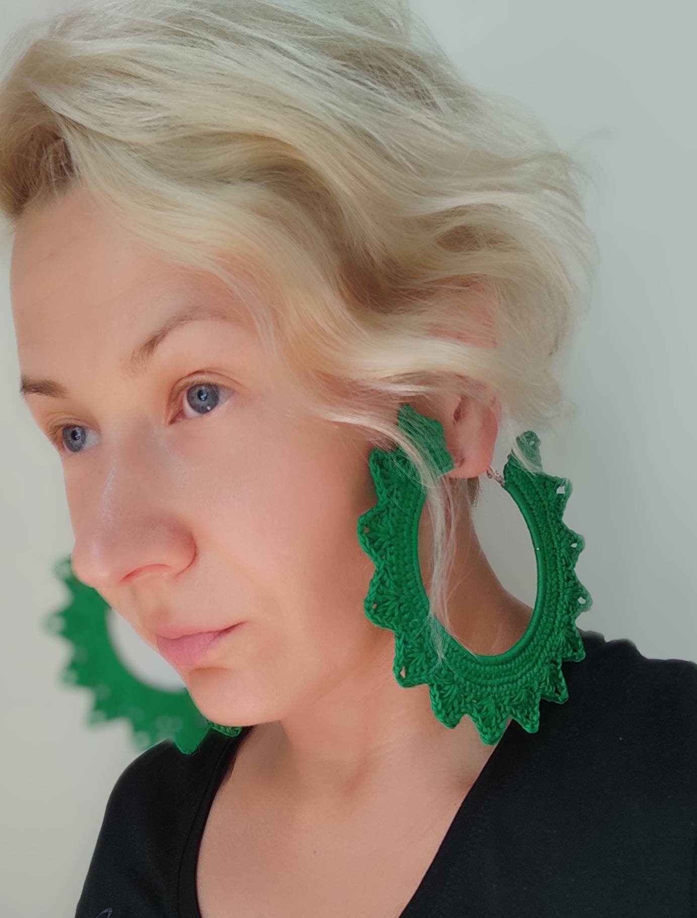 Green grass large hoop earrings about 5 and 3 inches Statement oversized earrings