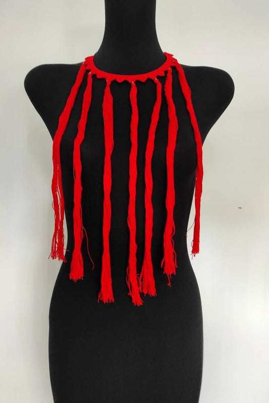 Red long tassel necklace Statement tassels boho necklace