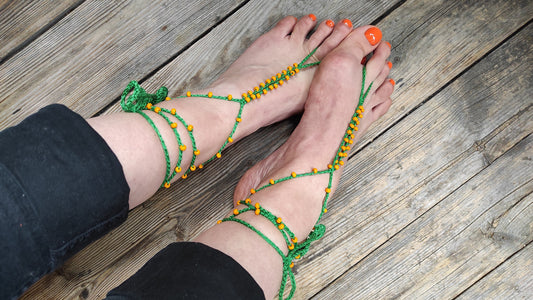 Green orange beaded barefoot sandals Crocheted statement anklets