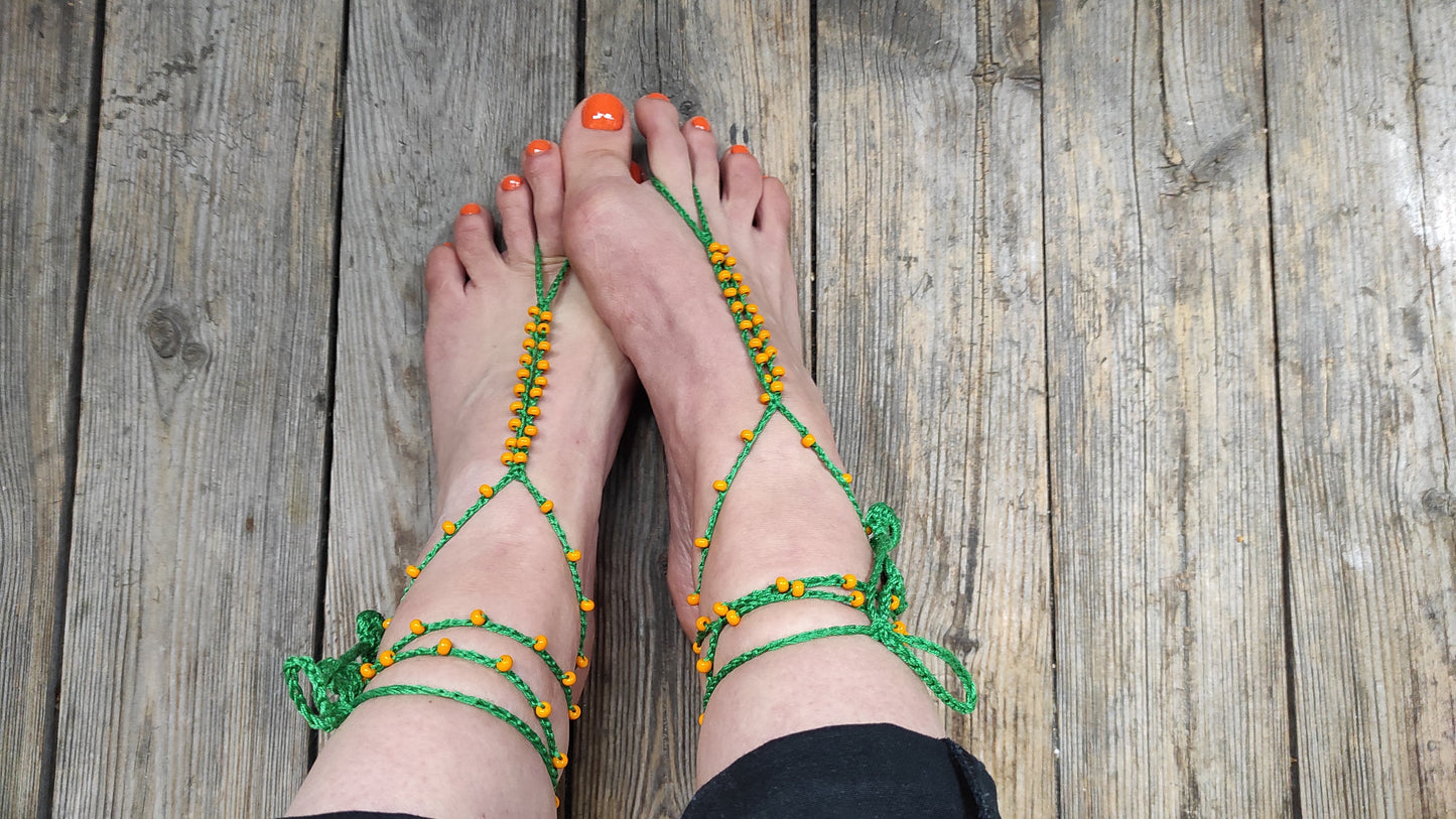 Green orange beaded barefoot sandals Crocheted statement anklets