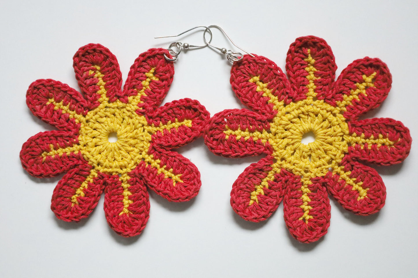 Large flowers dangle earrings Statement red yellow summer earrings