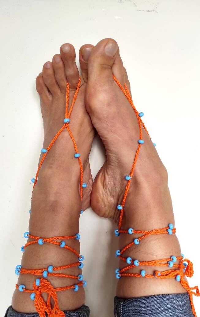 Orange barefoot sandals Blue orange anklets for woman