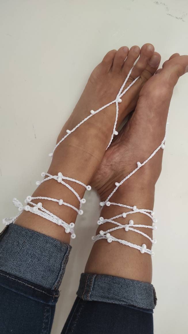 White barefoot sandals Beaded anklets for woman