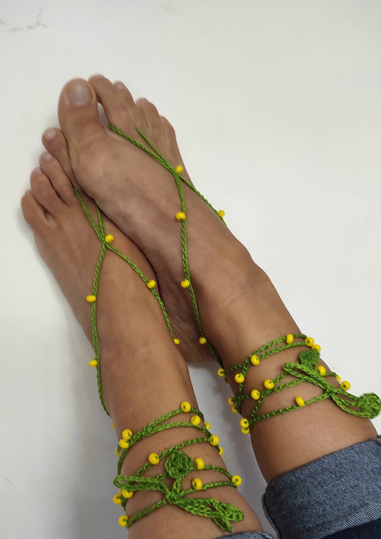 Green yellow barefoot sandals Beaded anklets for woman