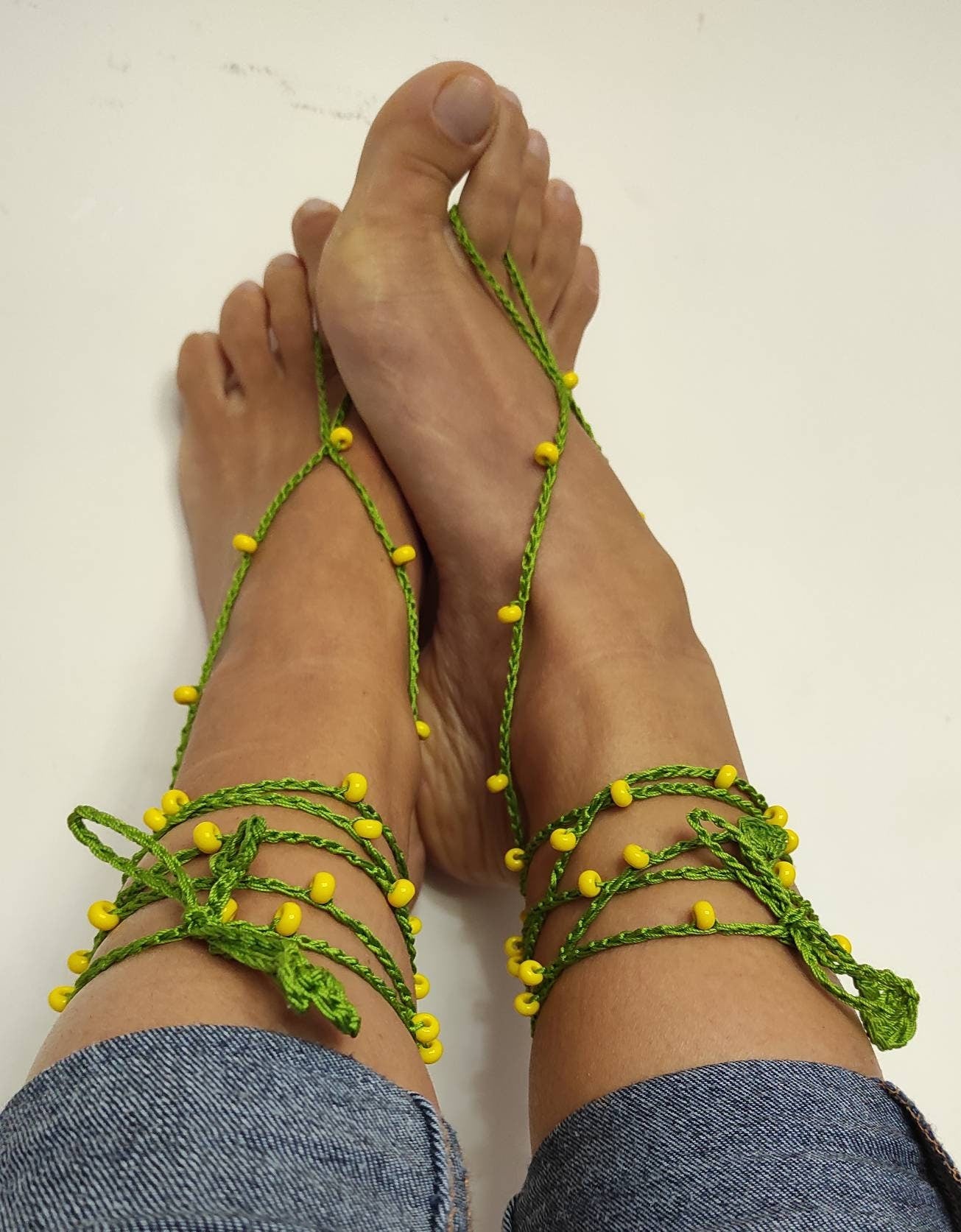 Green yellow barefoot sandals Beaded anklets for woman