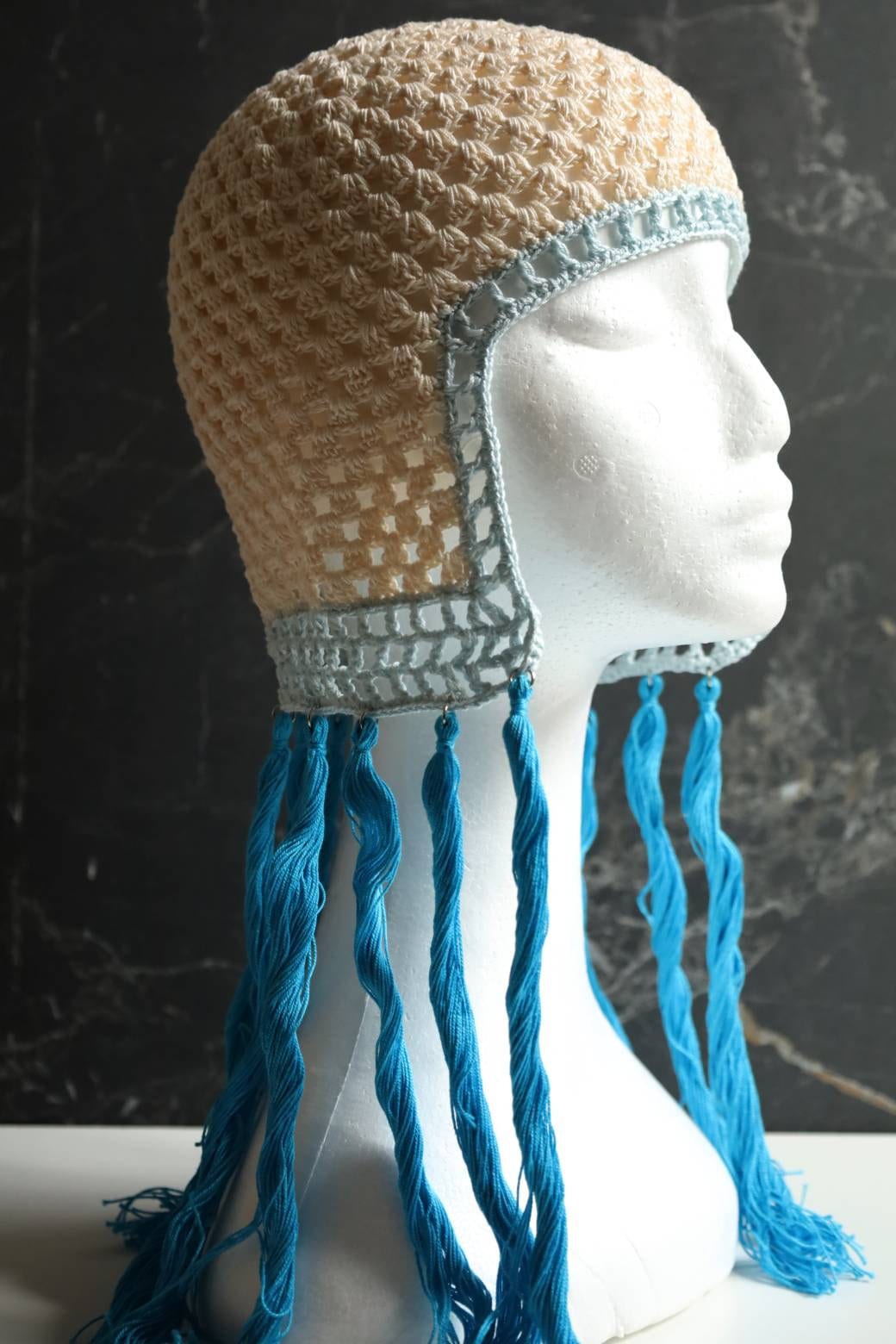 Blue helmet with tassels Blue fake hair Blue crocheted hat