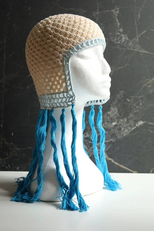 Blue helmet with tassels Blue fake hair Blue crocheted hat