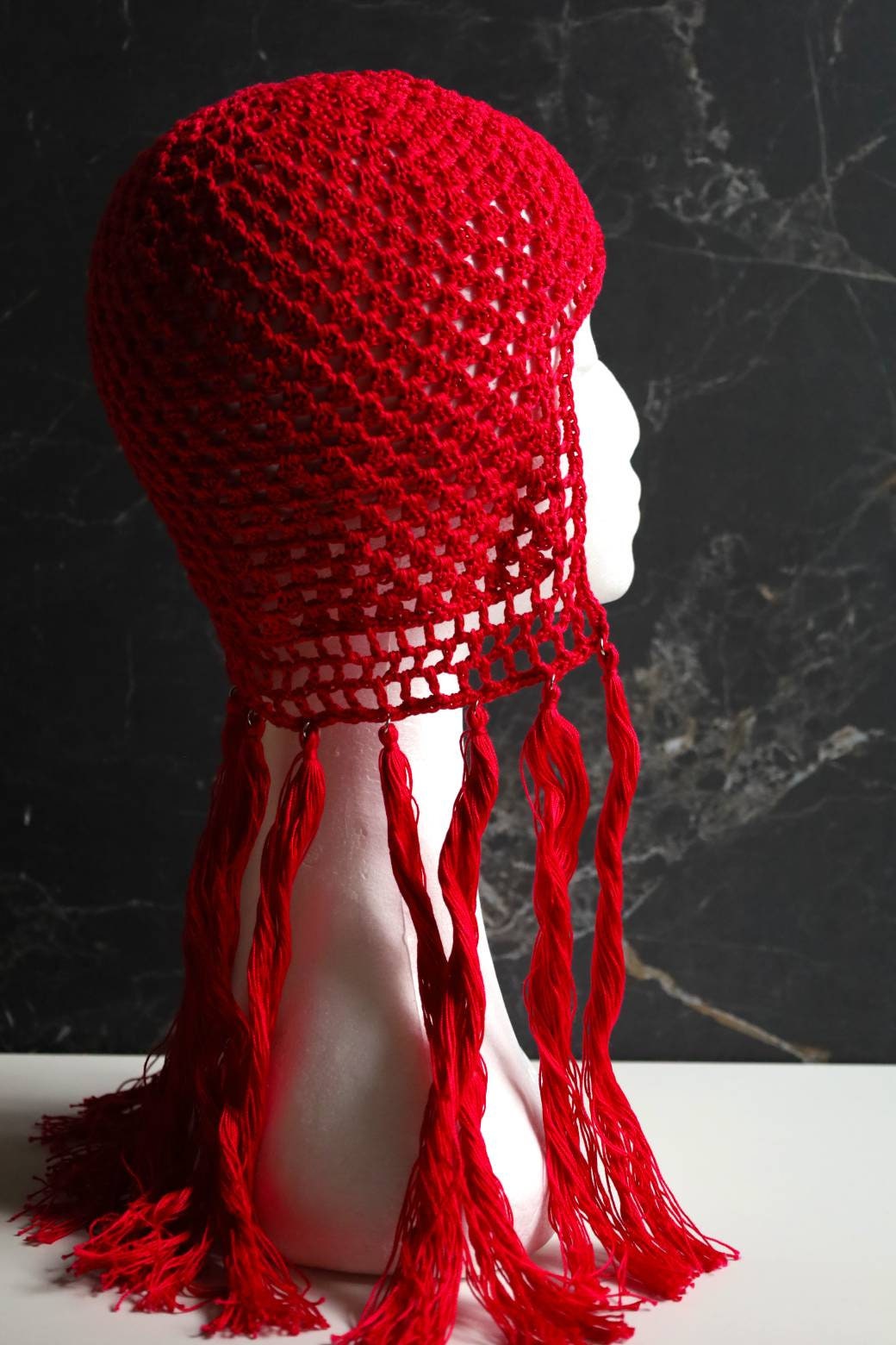 Red helmet with tassels Red fake hair Red crocheted headdress