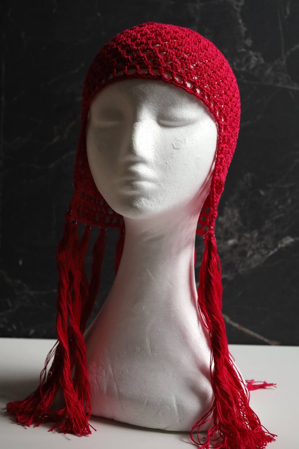 Red helmet with tassels Red fake hair Red crocheted headdress