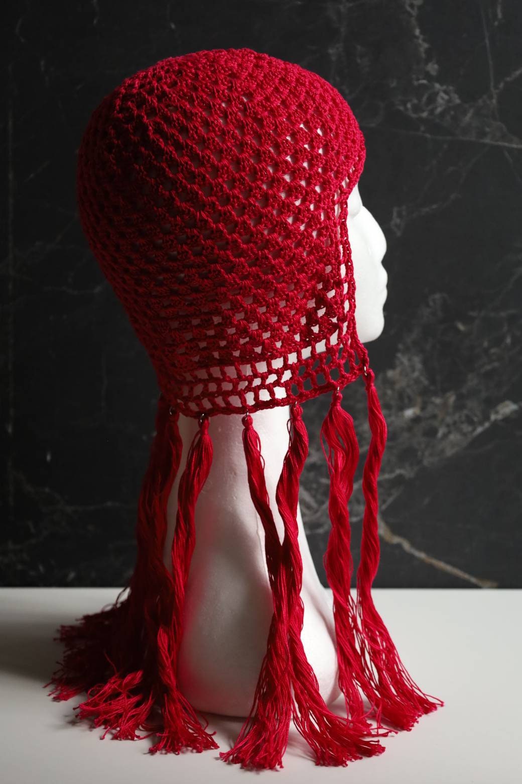 Red helmet with tassels Red fake hair Red crocheted headdress