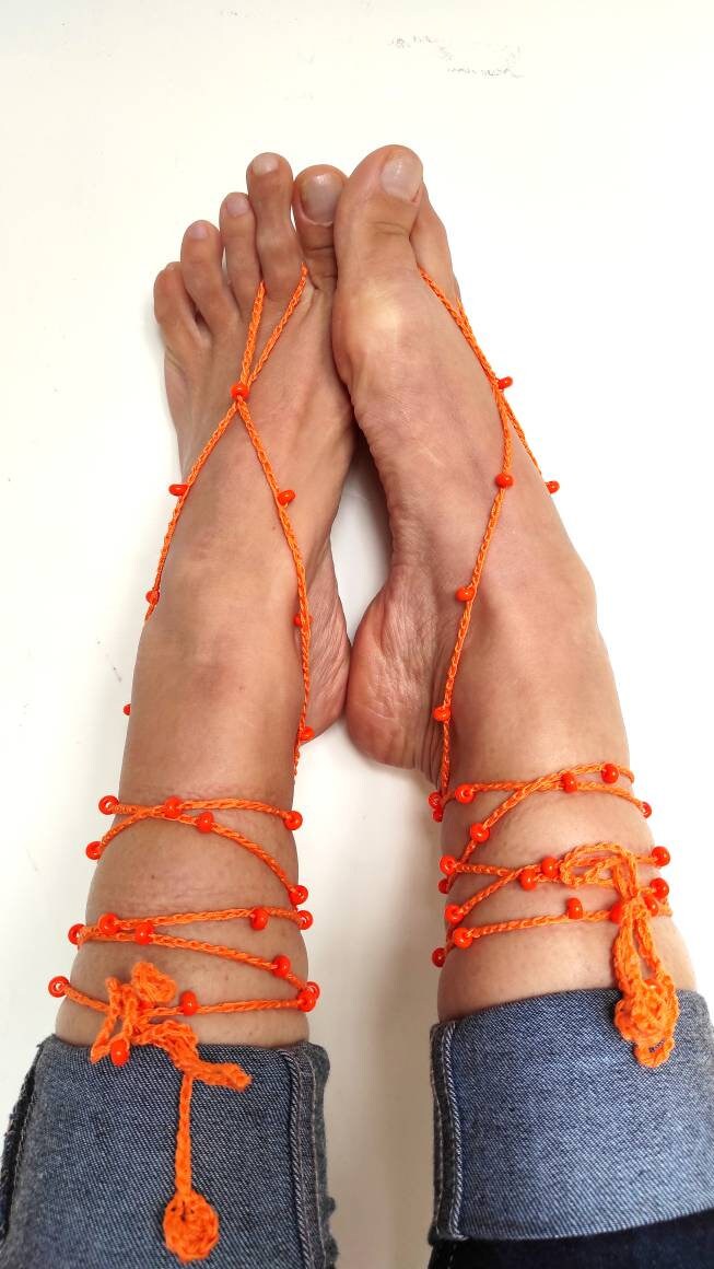 Orange barefoot sandals Orange anklets for woman