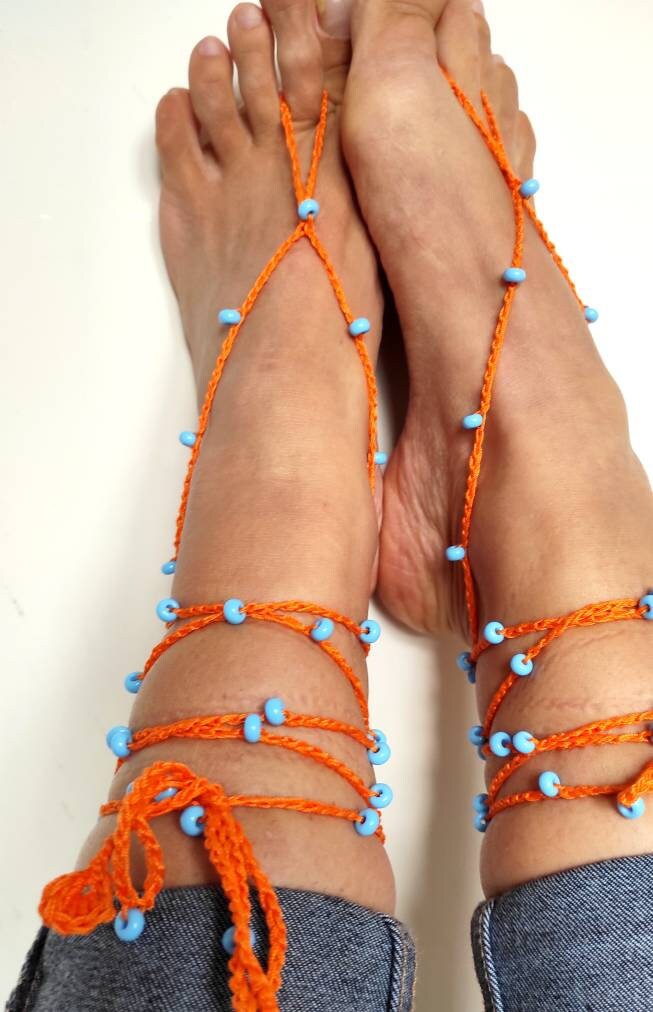 Orange barefoot sandals Blue orange anklets for woman