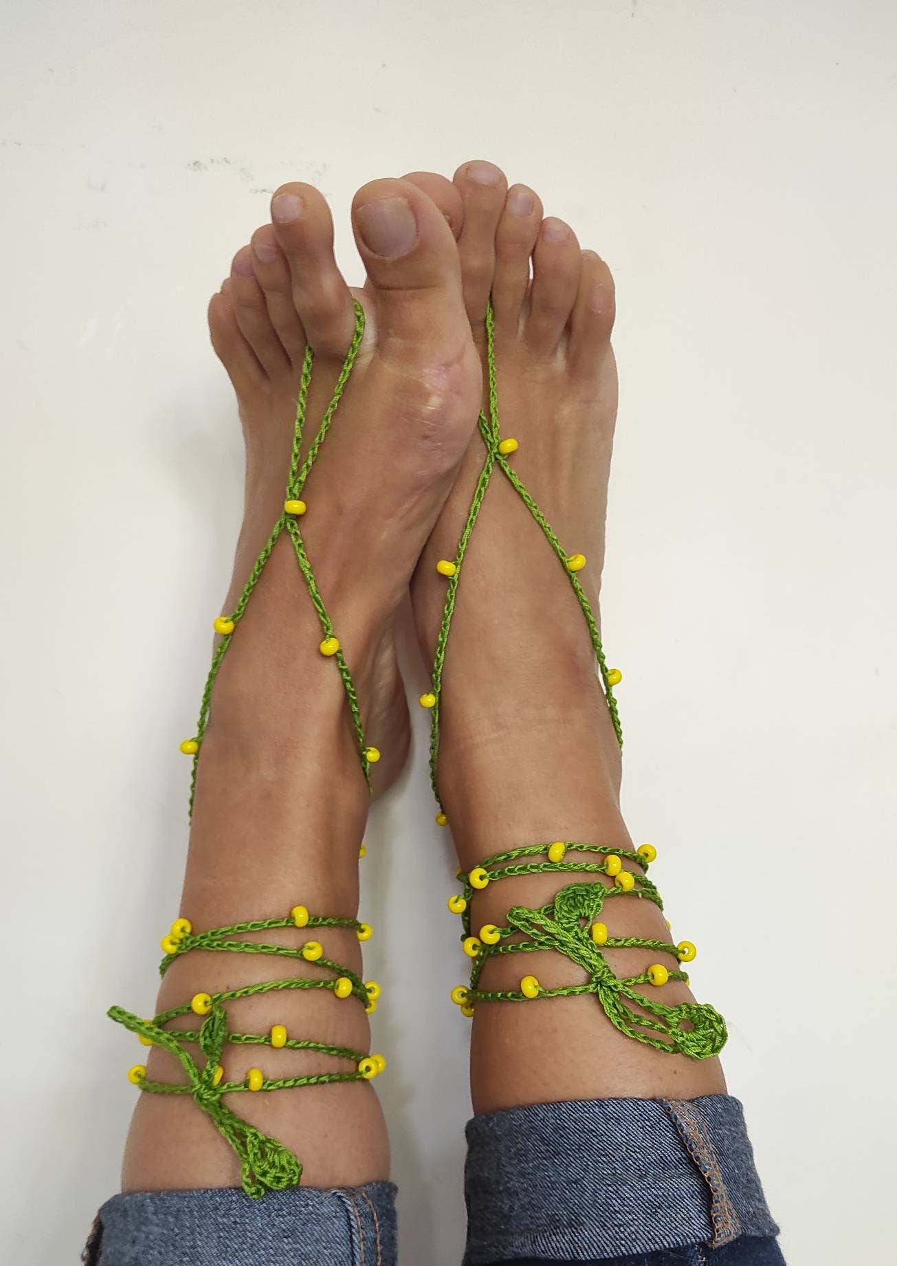 Green yellow barefoot sandals Beaded anklets for woman