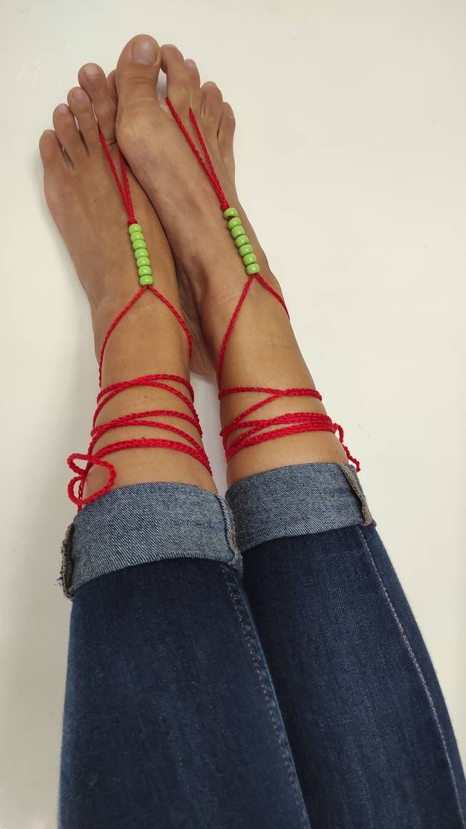 Green red barefoot sandals Beaded anklets for woman