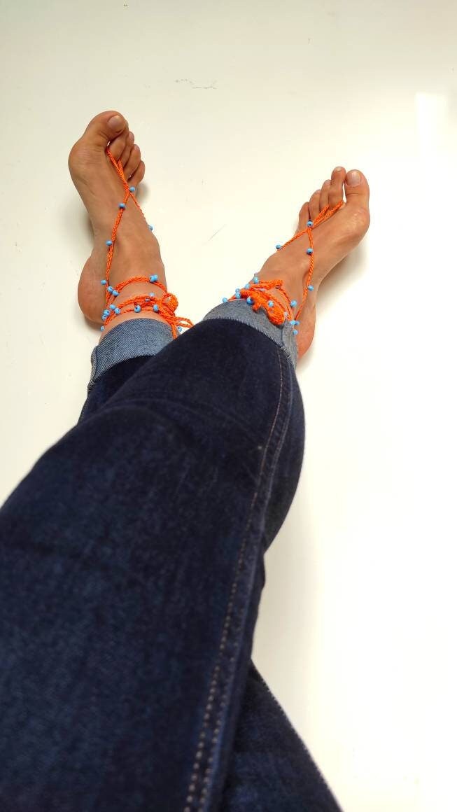 Orange barefoot sandals Blue orange anklets for woman