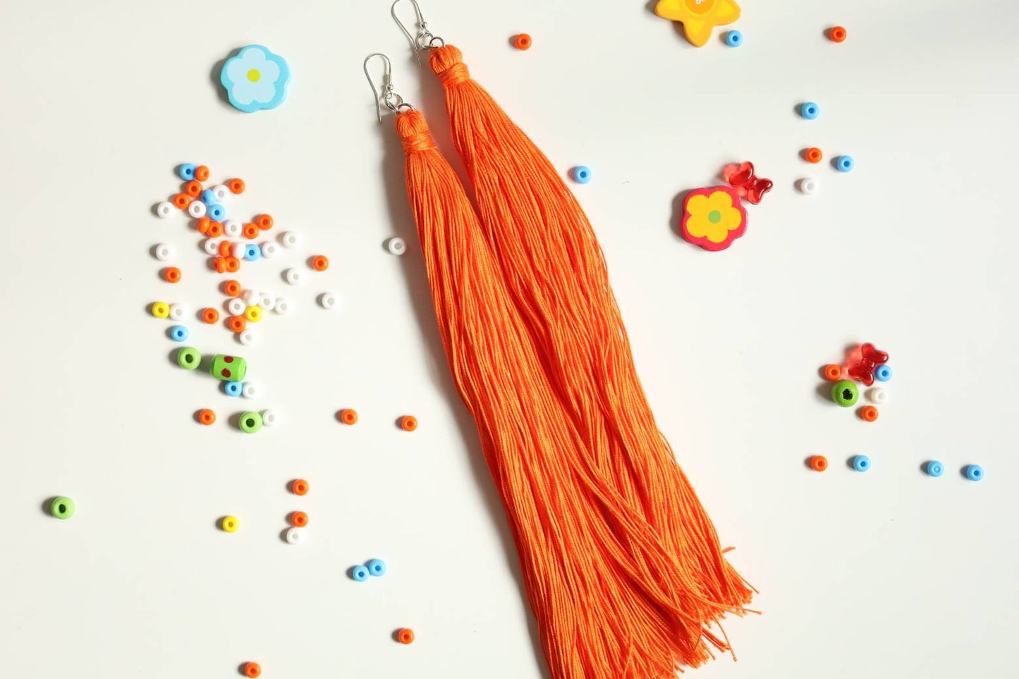 Orange 10-inch length tassels earrings Statement tassels earrings Extra long drop earrings