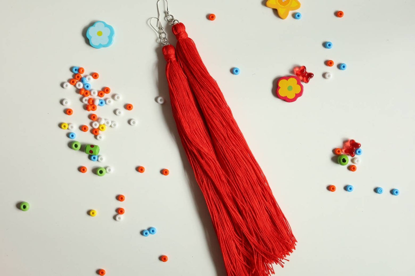 Red 10-inch length tassels earrings Statement tassels earrings Extra long drop earrings