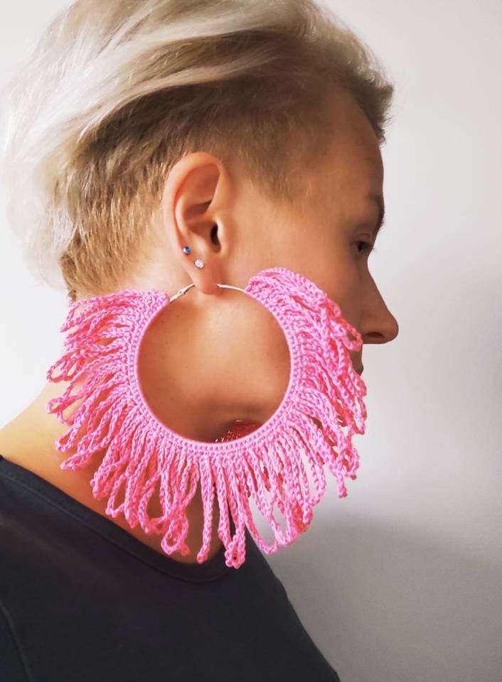 Cundy Pink fringe hoop earrings Large silver hoop earrings with pink fringe Rose oversized fringe circle earrings for woman